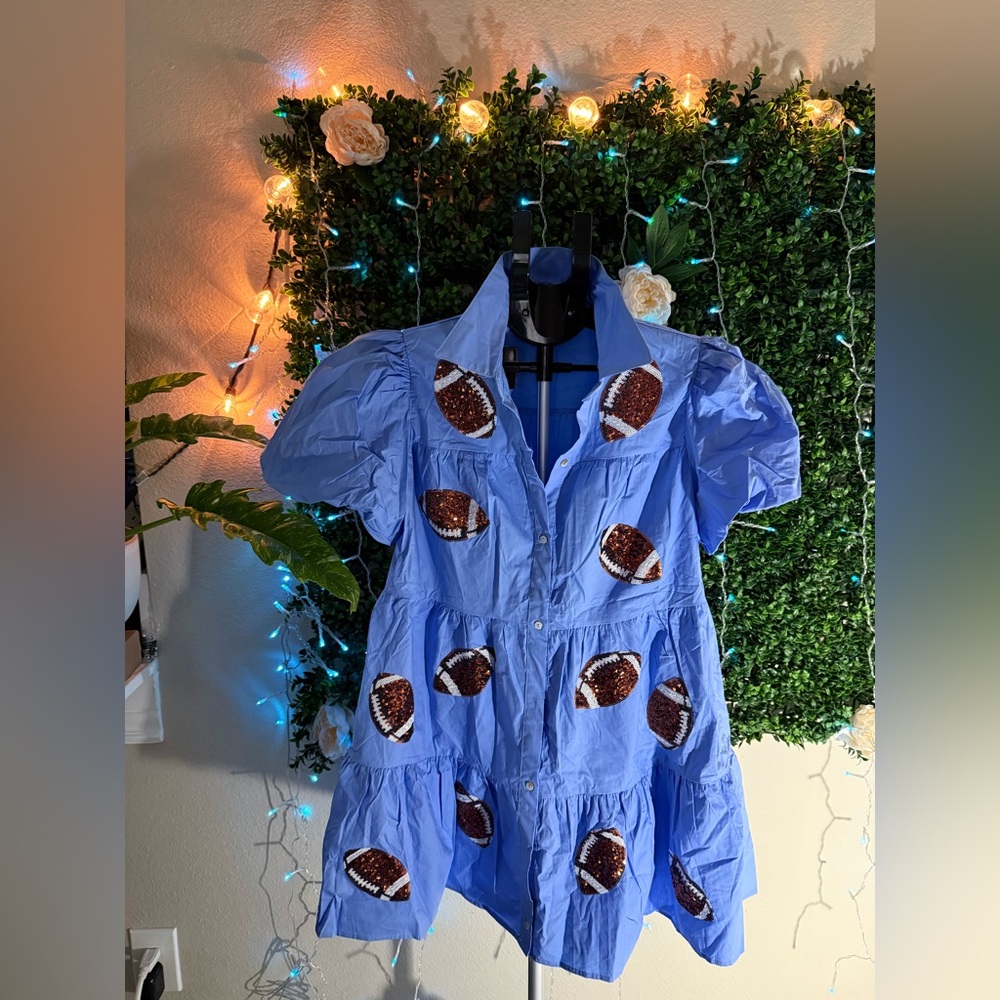 PEACH LOVE SEQUIN FOOTBALL PATCH BABYDOLL DRESS LIGHT BLUE - Picture 2 of 9